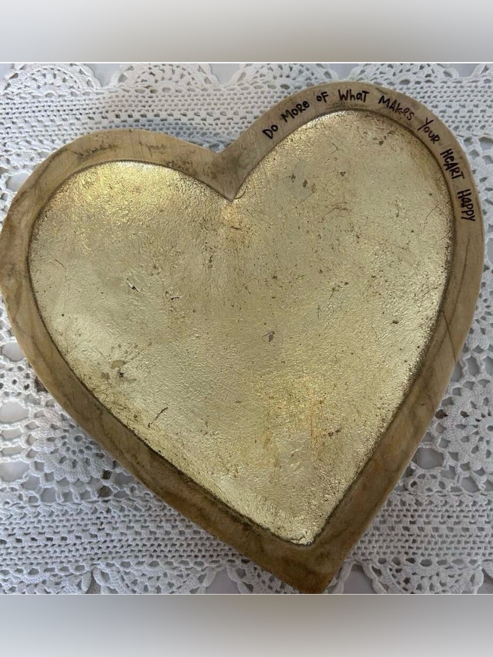 Natural Life Wood Heart Shaped Bowl Gold Leaf Jewelry Trinket Dish 9.5”x10”